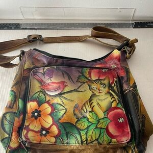 Anuschka Artistic Cat and Bird Shoulder Bag